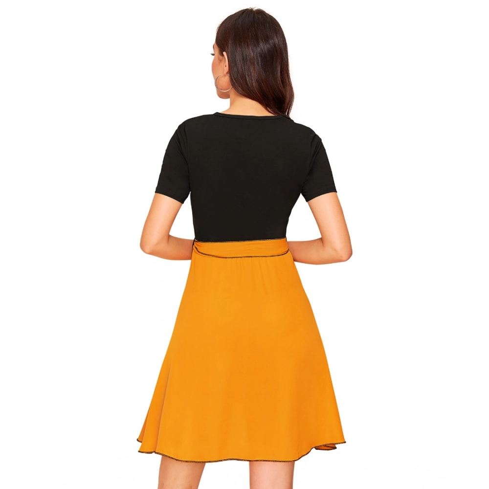 Knitting stretchable Solid Round Neck Cap Sleeve Dress (Yellow) - Image 5