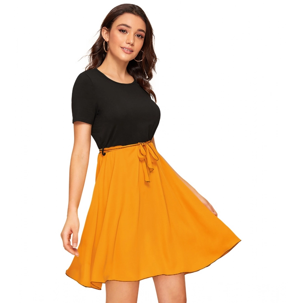 Knitting stretchable Solid Round Neck Cap Sleeve Dress (Yellow) - Image 4
