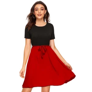 Knitting stretchable Solid Round Neck Cap Sleeve Dress (Red)