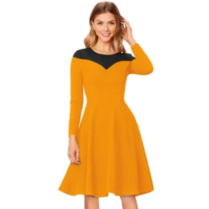 Knitting stretchable Solid Round Neck Full Sleeve Dress (Yellow)