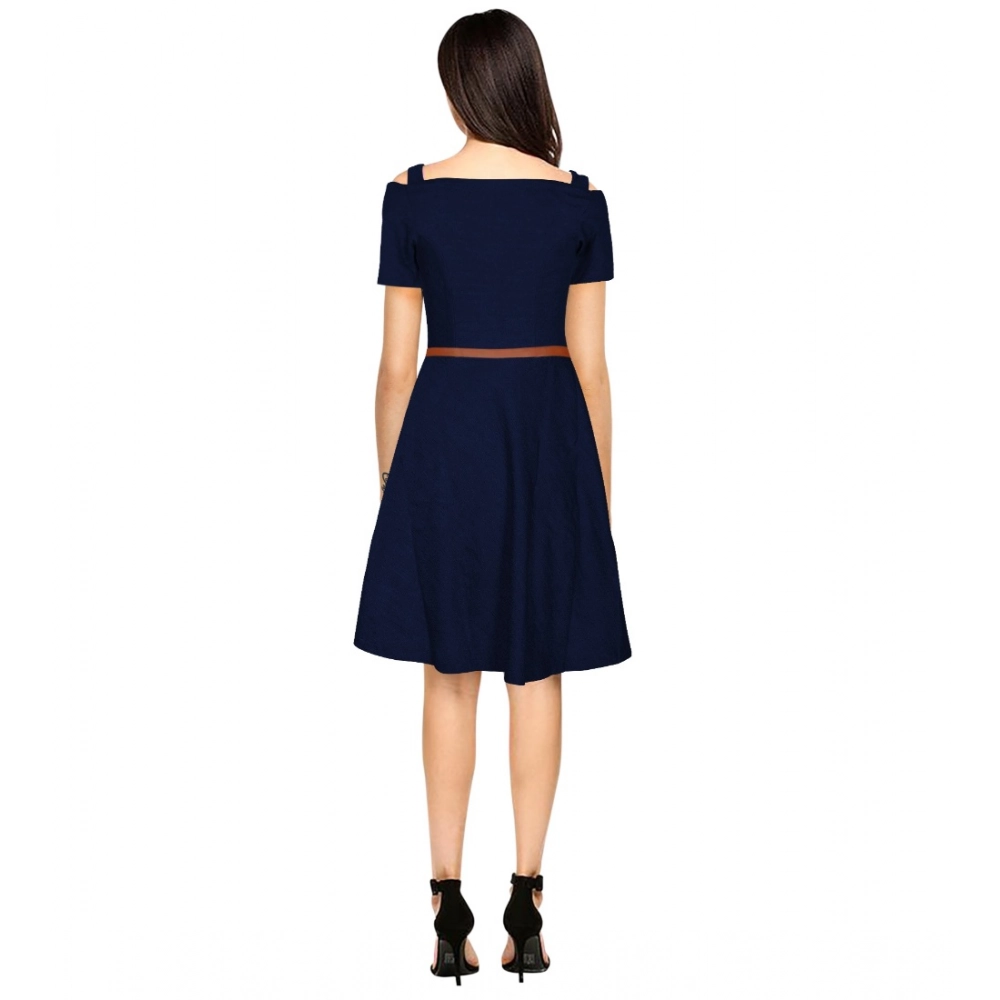 Polyester Solid V Neck Cap Sleeve Dress (Blue) - Image 5