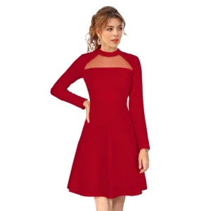 Knitting stretchable Solid Round Neck Full Sleeve Dress (Red)