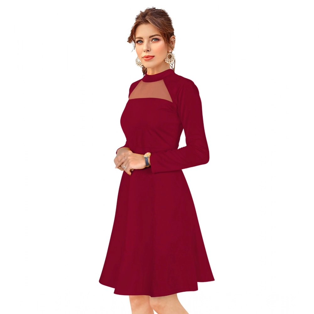 Knitting stretchable Solid Round Neck Full Sleeve Dress (Maroon) - Image 2