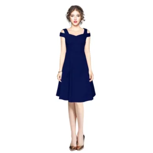 Polyester Solid V Neck Cap Sleeve off Shoulder Dress (Blue)