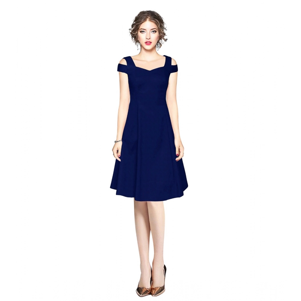 Polyester Solid V Neck Cap Sleeve off Shoulder Dress (Blue)