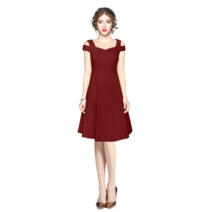 Polyester Solid V Neck Cap Sleeve off Shoulder Dress (Maroon)
