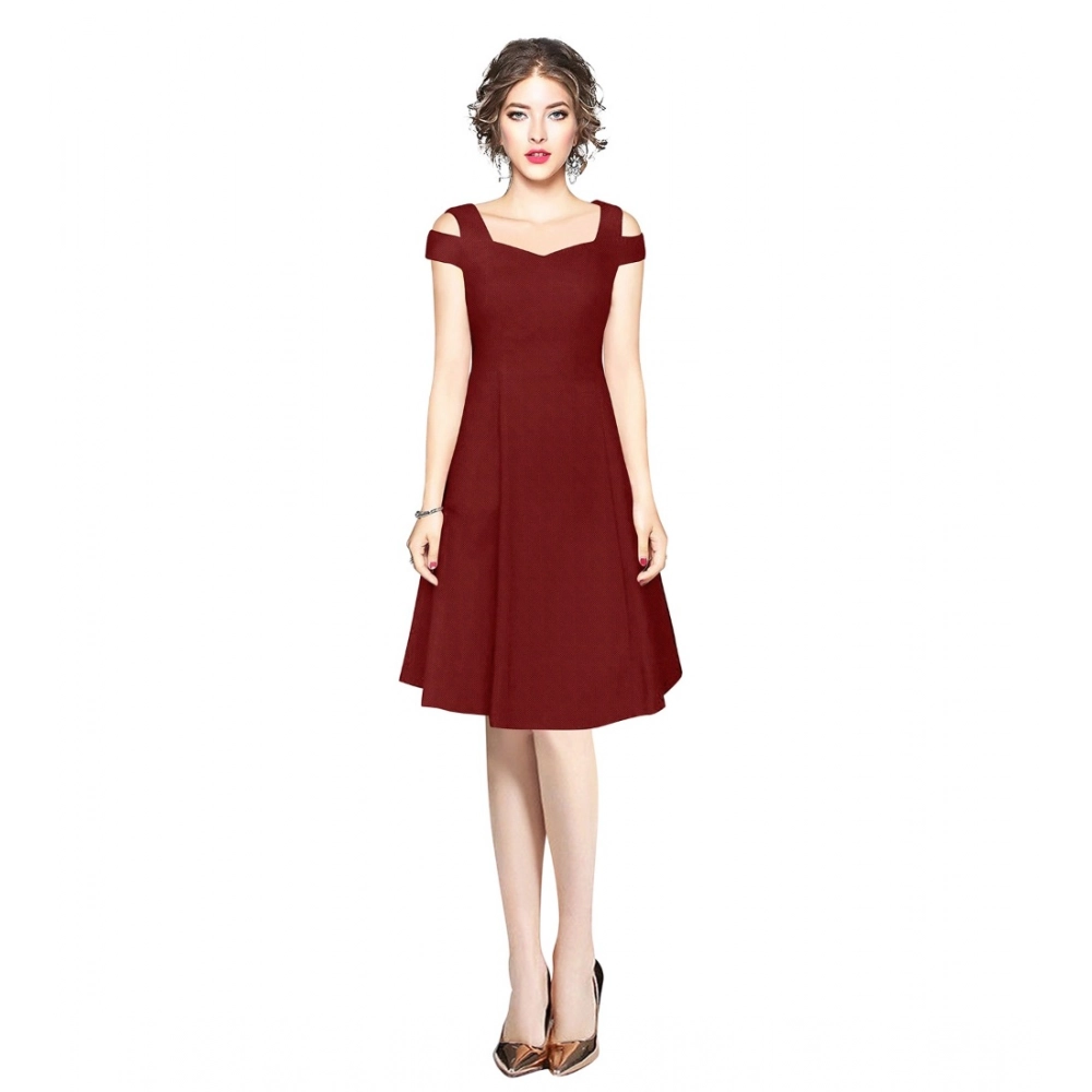 Polyester Solid V Neck Cap Sleeve off Shoulder Dress (Maroon)
