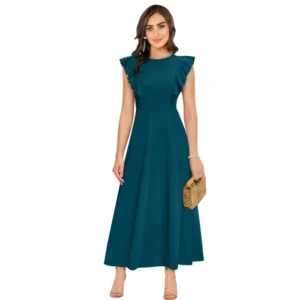 Knitting stretchable Solid Round Neck Ruffled Sleeve Dress (Morpich)