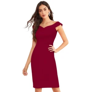 Knitting stretchable Solid Round Neck Sleeveless Dress (Maroon)