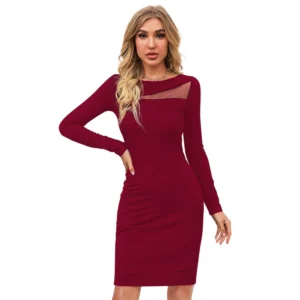 Knitting stretchable Solid Round Neck Full Sleeve Dress (Maroon)