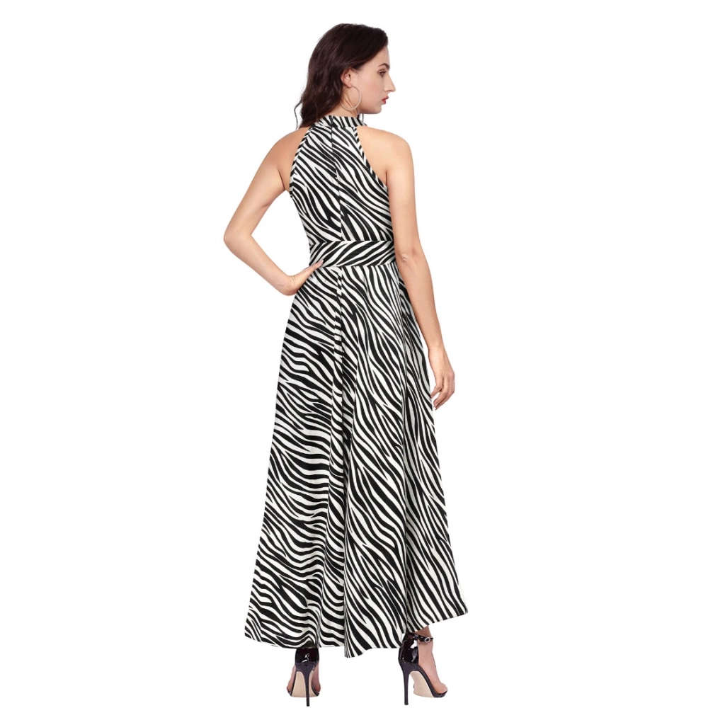 Polyester Zebra Pattern Halter Neck Sleeveless Dress (White) - Image 2