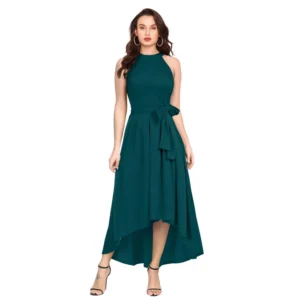 Polyster Solid Halter Neck Sleeveless Dress (Morpichh)