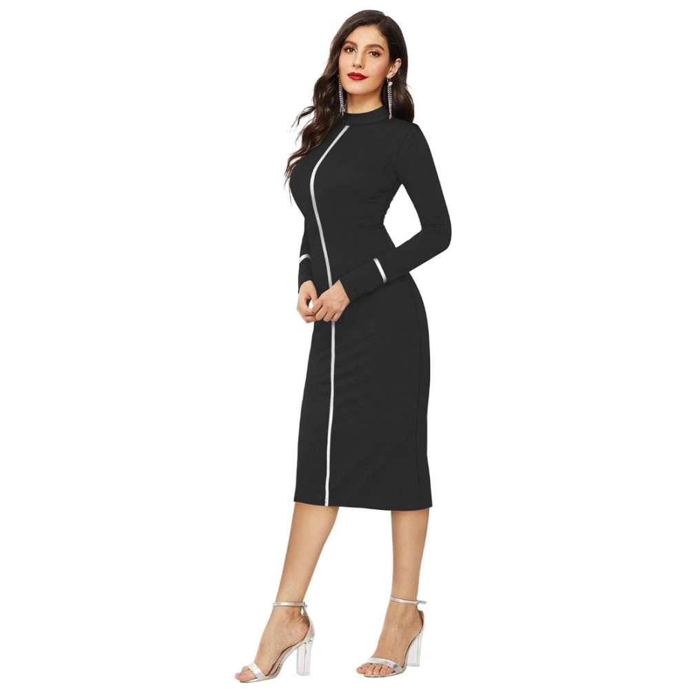 Knitting stretchable Solid Round Neck Full Sleeve Dress (Black) - Image 2