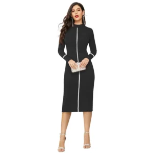 Knitting stretchable Solid Round Neck Full Sleeve Dress (Black)