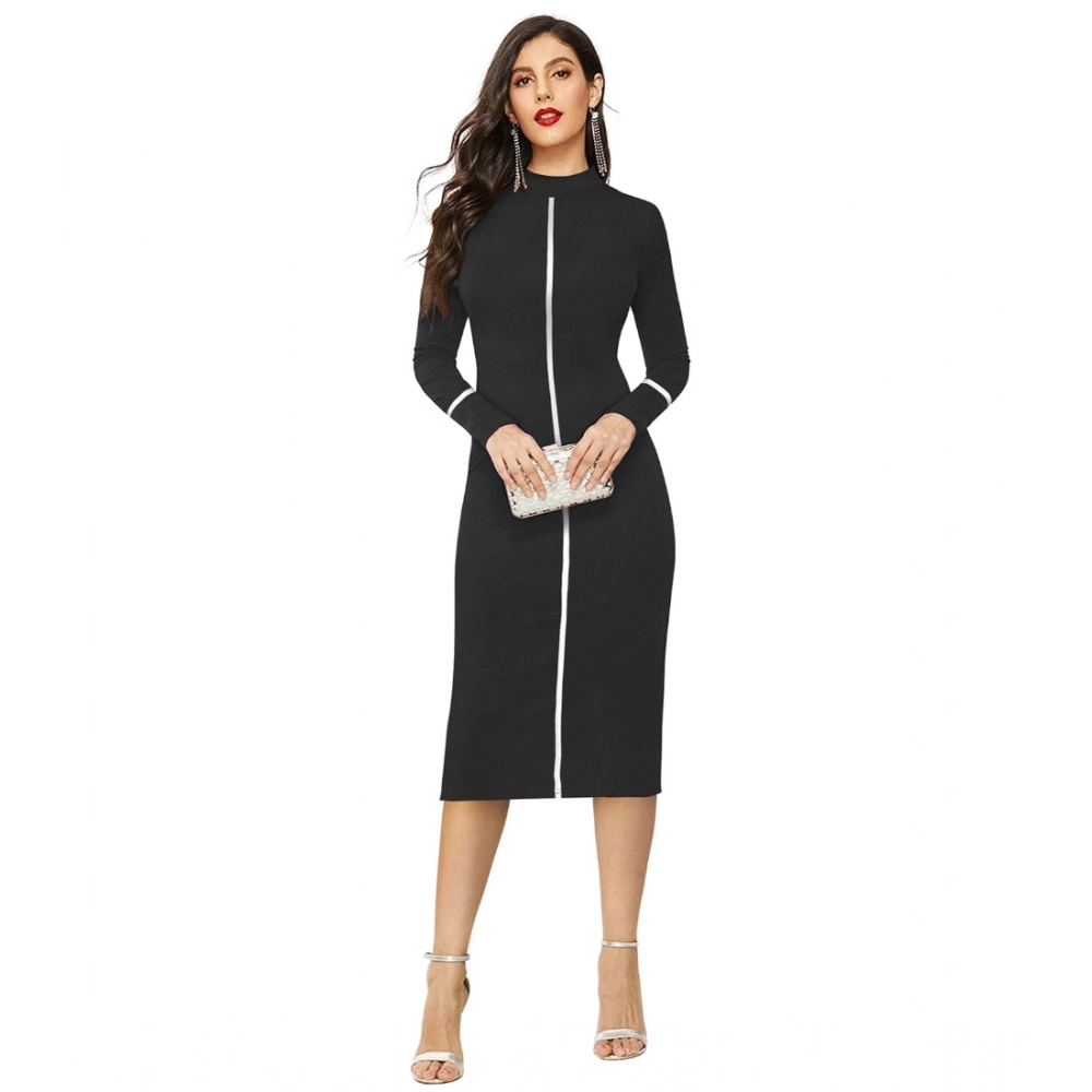 Knitting stretchable Solid Round Neck Full Sleeve Dress (Black)