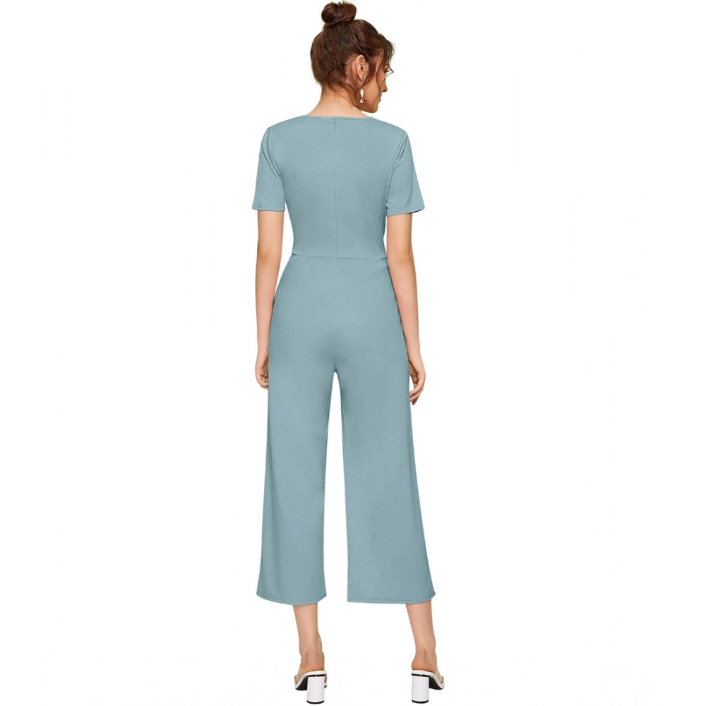Knitting stretchable Solid Round Neck Cap Sleeve Jumpsuit (Pista ) - Image 5