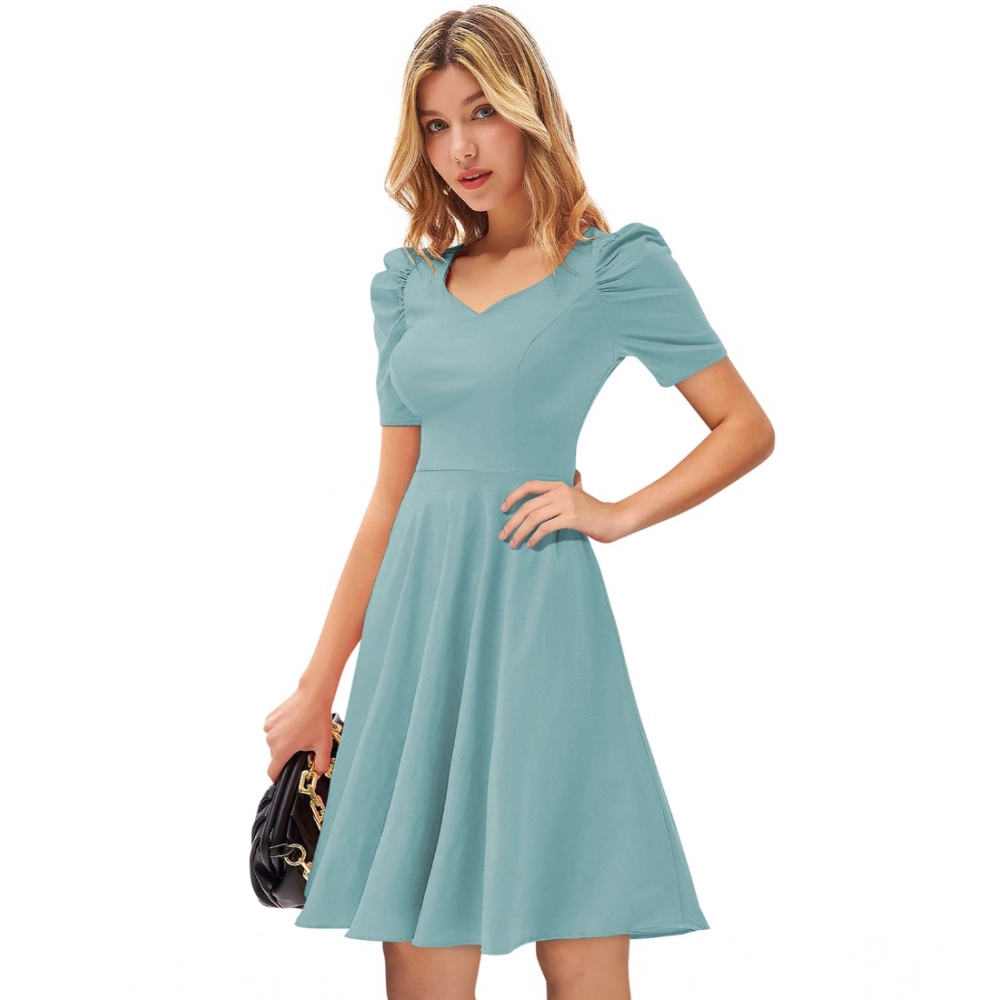 Knitting stretchable Solid V Neck Cap Sleeve Dress (Pista) - Image 2