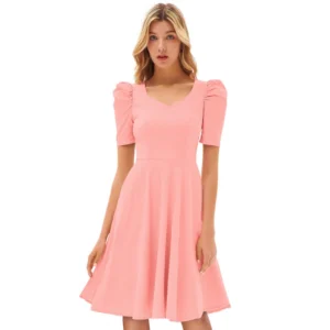 Knitting stretchable Solid V Neck Cap Sleeve Dress (Peach)