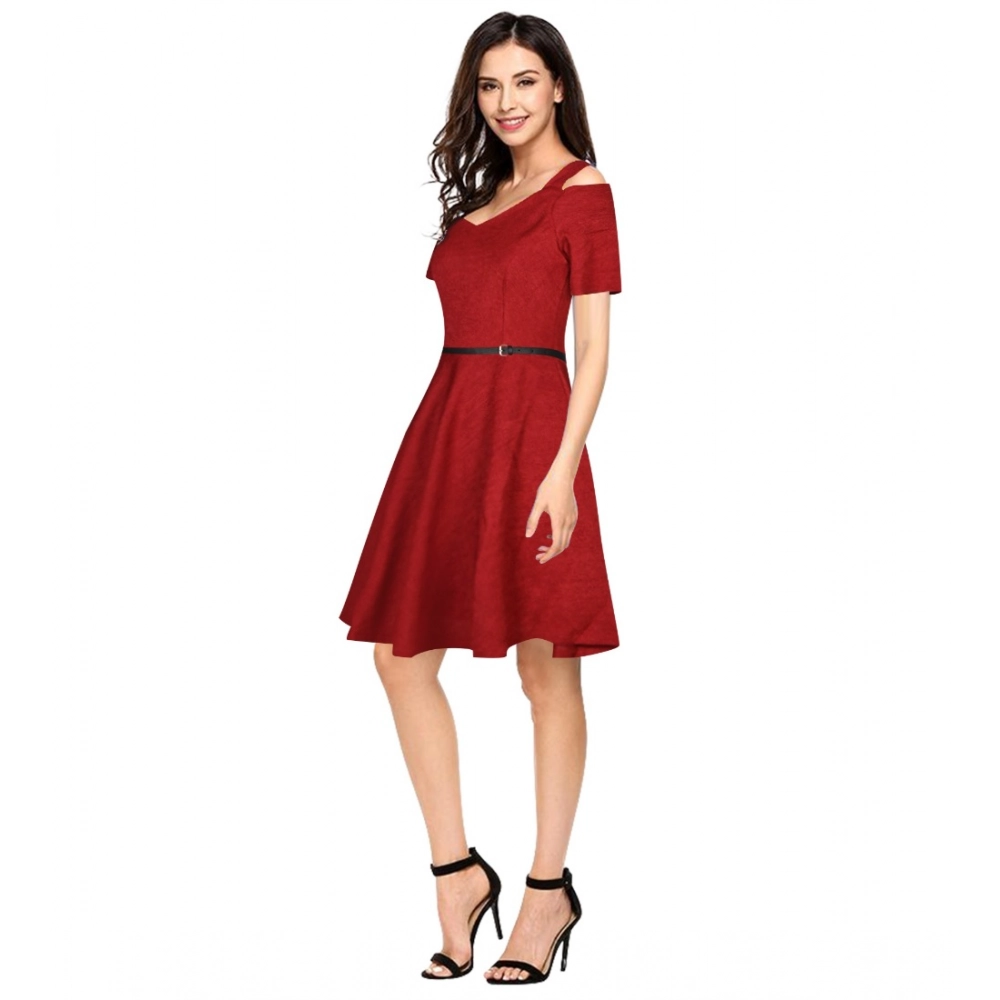 Polyester Solid V Neck Cap Sleeve Dress (Maroon) - Image 2