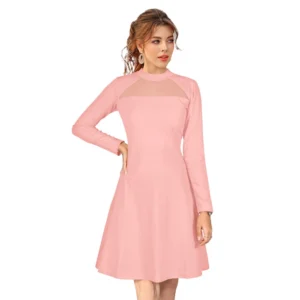 Knitting stretchable Solid Round Neck Full Sleeve Dress (Peach)