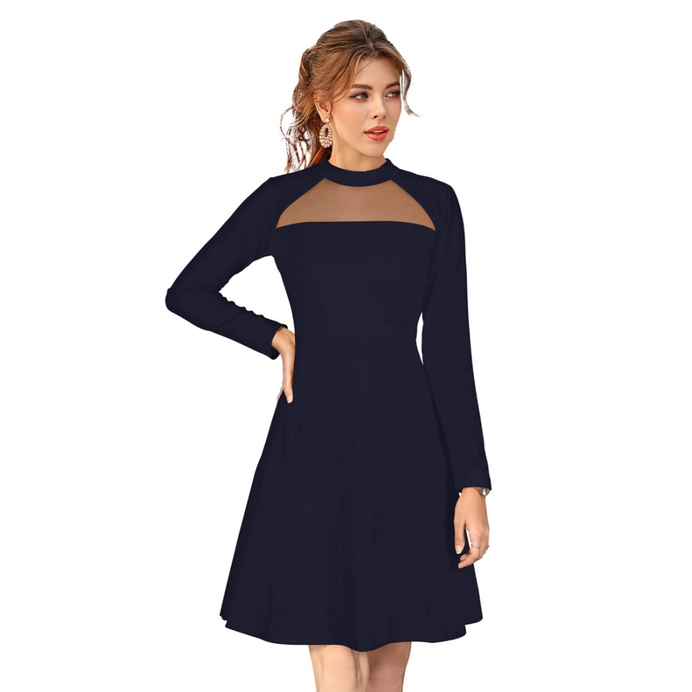 Knitting stretchable Solid Round Neck Full Sleeve Dress (Blue)