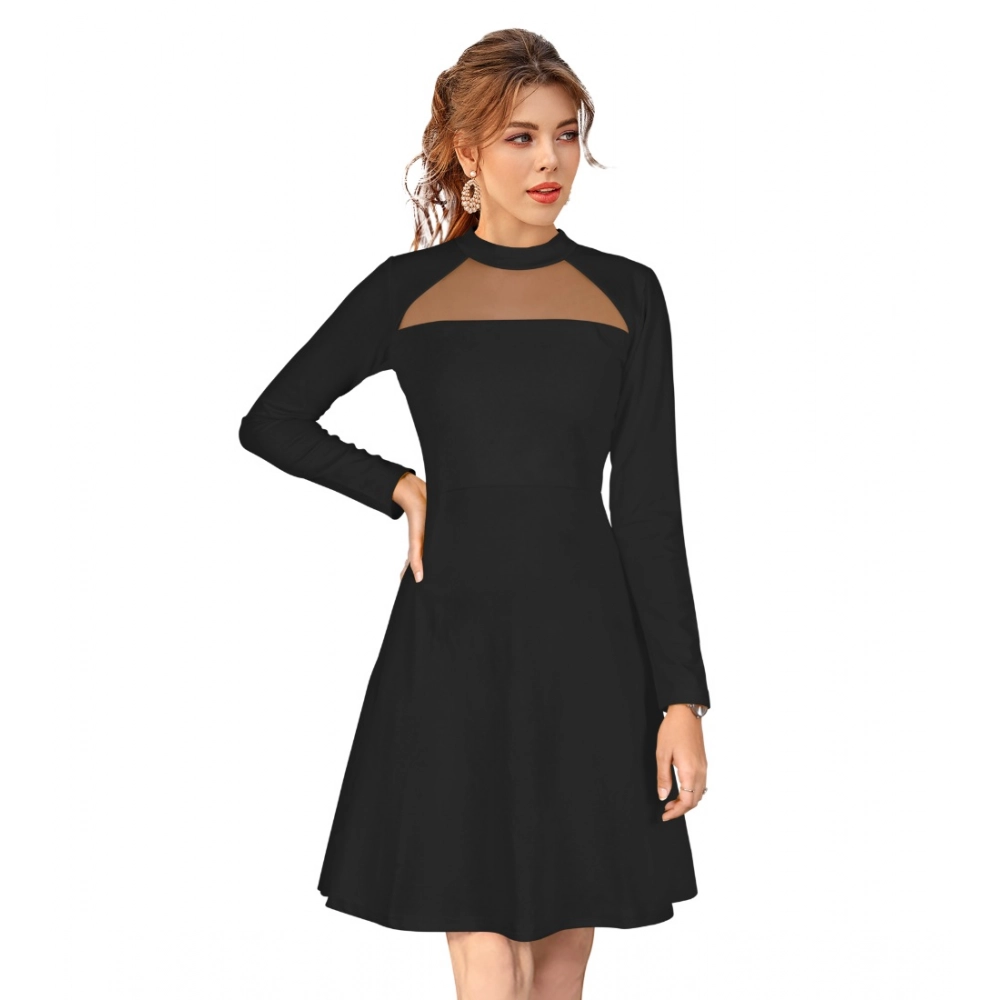 Knitting stretchable Solid Round Neck Full Sleeve Dress (Black)