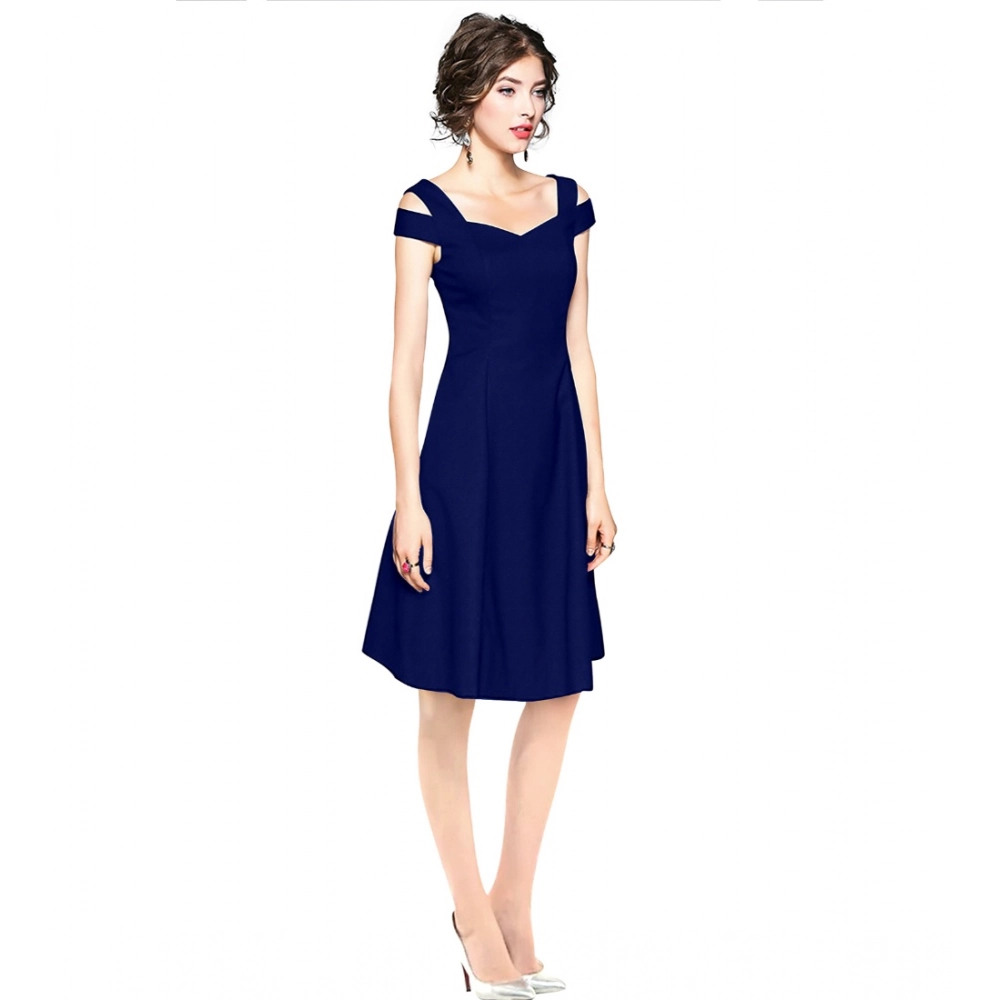 Polyester Solid V Neck Cap Sleeve off Shoulder Dress (Blue) - Image 4