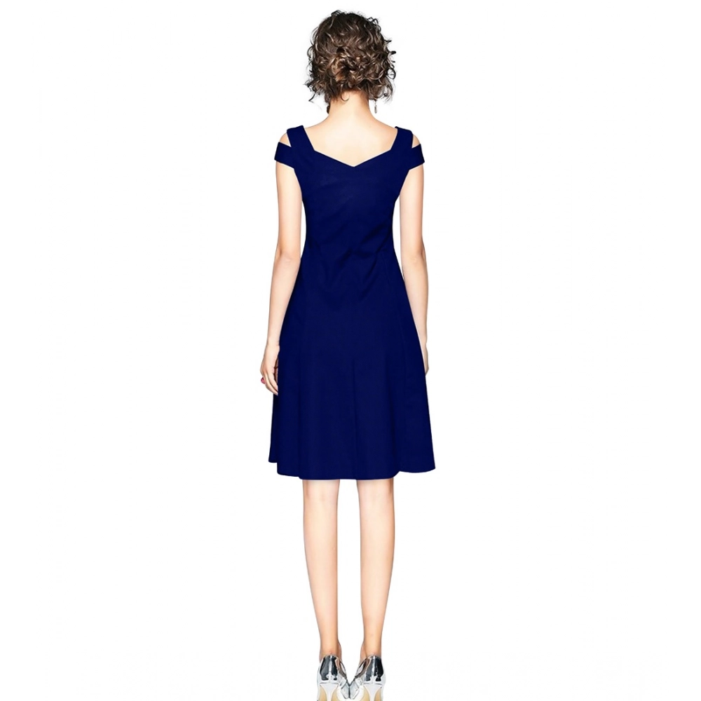 Polyester Solid V Neck Cap Sleeve off Shoulder Dress (Blue) - Image 5