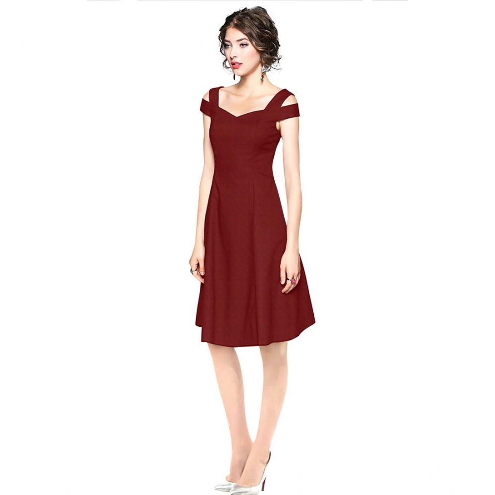 Polyester Solid V Neck Cap Sleeve off Shoulder Dress (Maroon) - Image 2