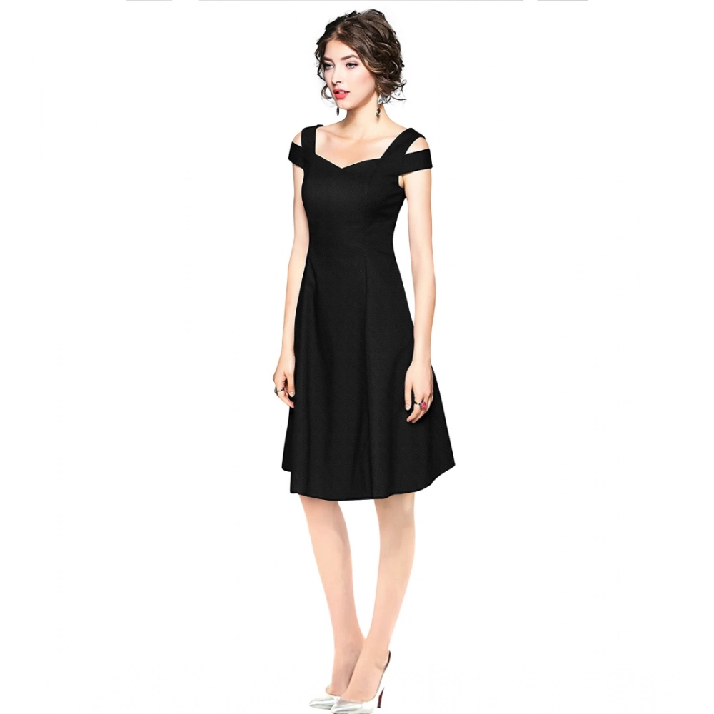 Polyester Solid V Neck Cap Sleeve off Shoulder Dress (Black) - Image 2