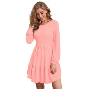 Knitting stretchable Solid Round Neck Full Sleeve Dress (Peach)