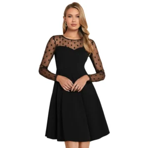 Knitting stretchable Solid Round Neck Full Sleeve Dress (Black)