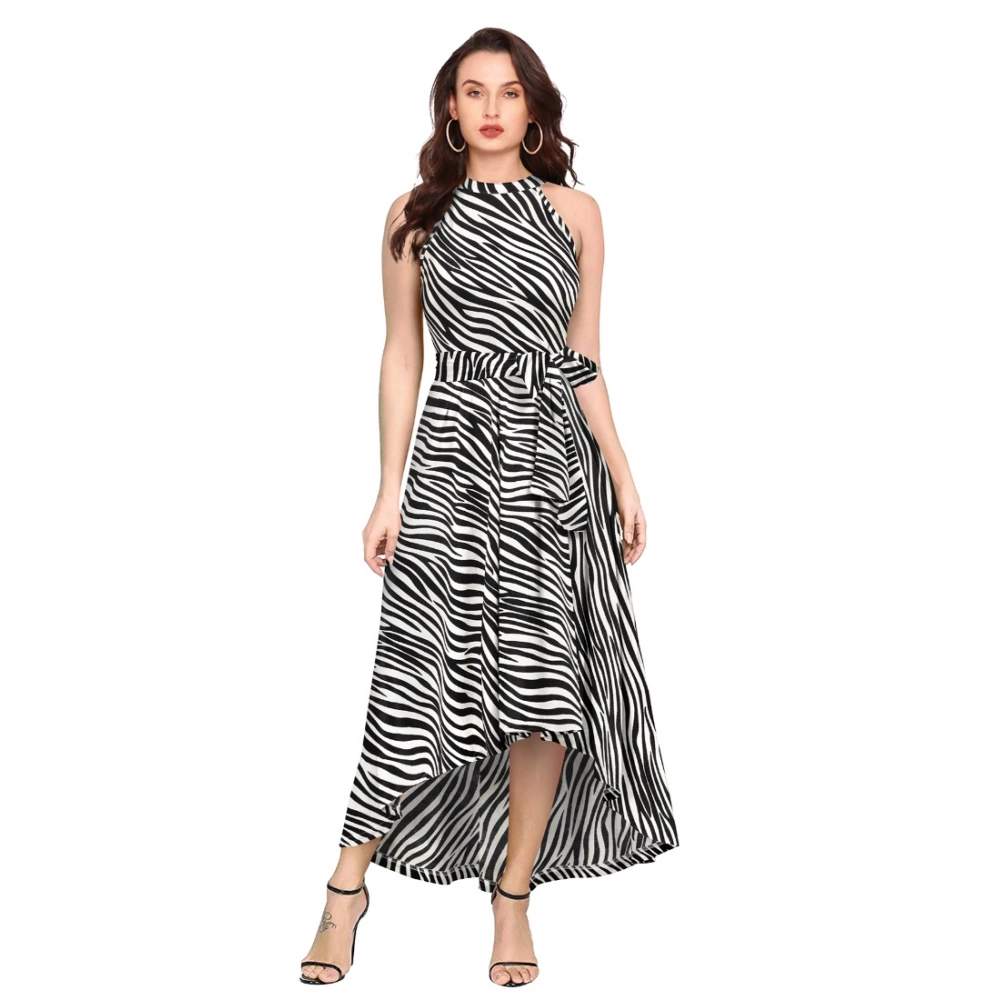 Polyester Zebra Pattern Halter Neck Sleeveless Dress (White)