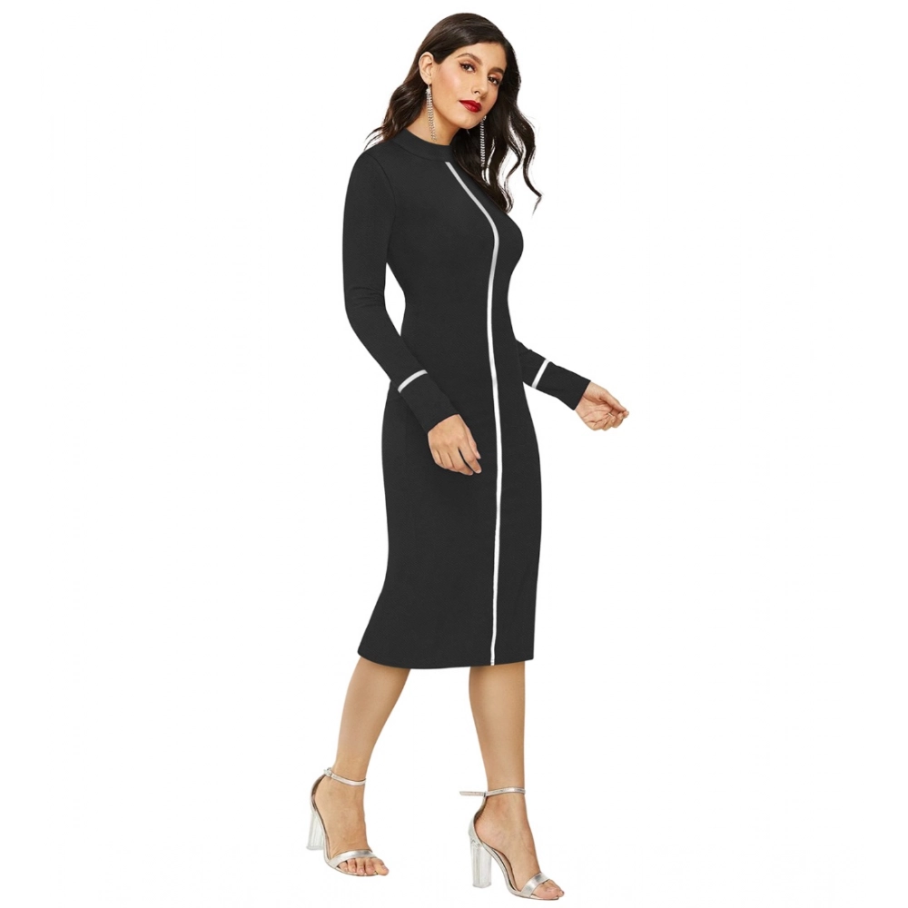 Knitting stretchable Solid Round Neck Full Sleeve Dress (Black) - Image 4