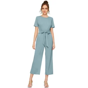 Knitting stretchable Solid Round Neck Cap Sleeve Jumpsuit (Pista )
