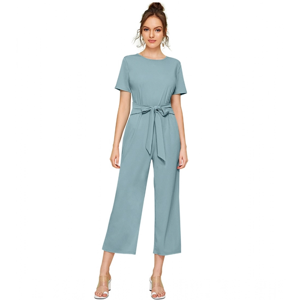 Knitting stretchable Solid Round Neck Cap Sleeve Jumpsuit (Pista )