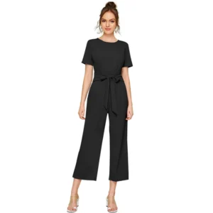 Knitting stretchable Solid Round Neck Cap Sleeve Jumpsuit (Black)