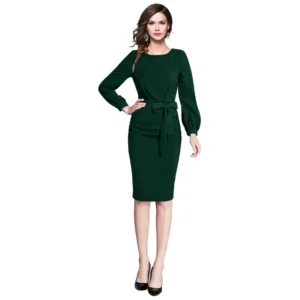 Knitting stretchable Solid Round Neck Full Sleeve Dress (Green)