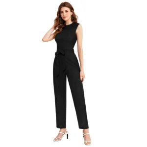 Knitting stretchable Solid Round Neck Sleeveless Jumpsuit (Black)