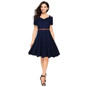 Polyester Solid V Neck Cap Sleeve Dress (Blue)