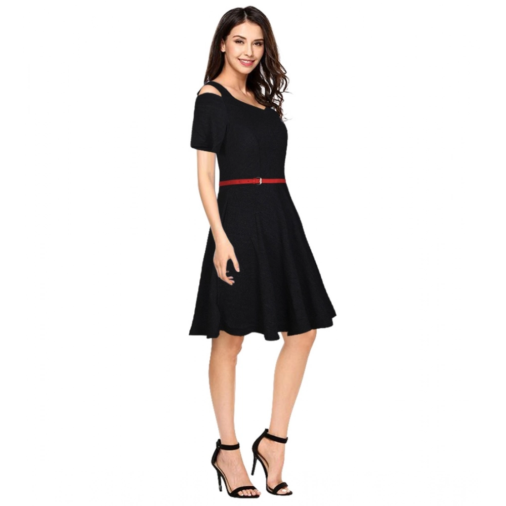 Polyester Solid V Neck Cap Sleeve Dress (Black) - Image 2