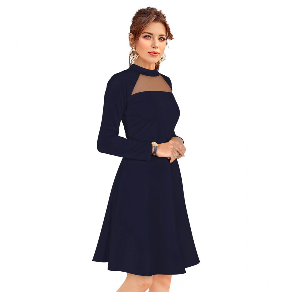 Knitting stretchable Solid Round Neck Full Sleeve Dress (Blue) - Image 4