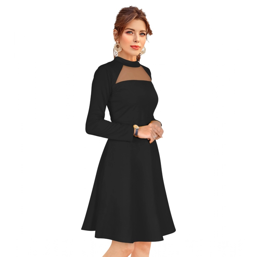 Knitting stretchable Solid Round Neck Full Sleeve Dress (Black) - Image 4