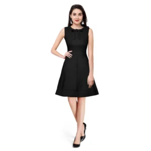 Polyester Solid Round Neck Sleeveless Dress (Black)