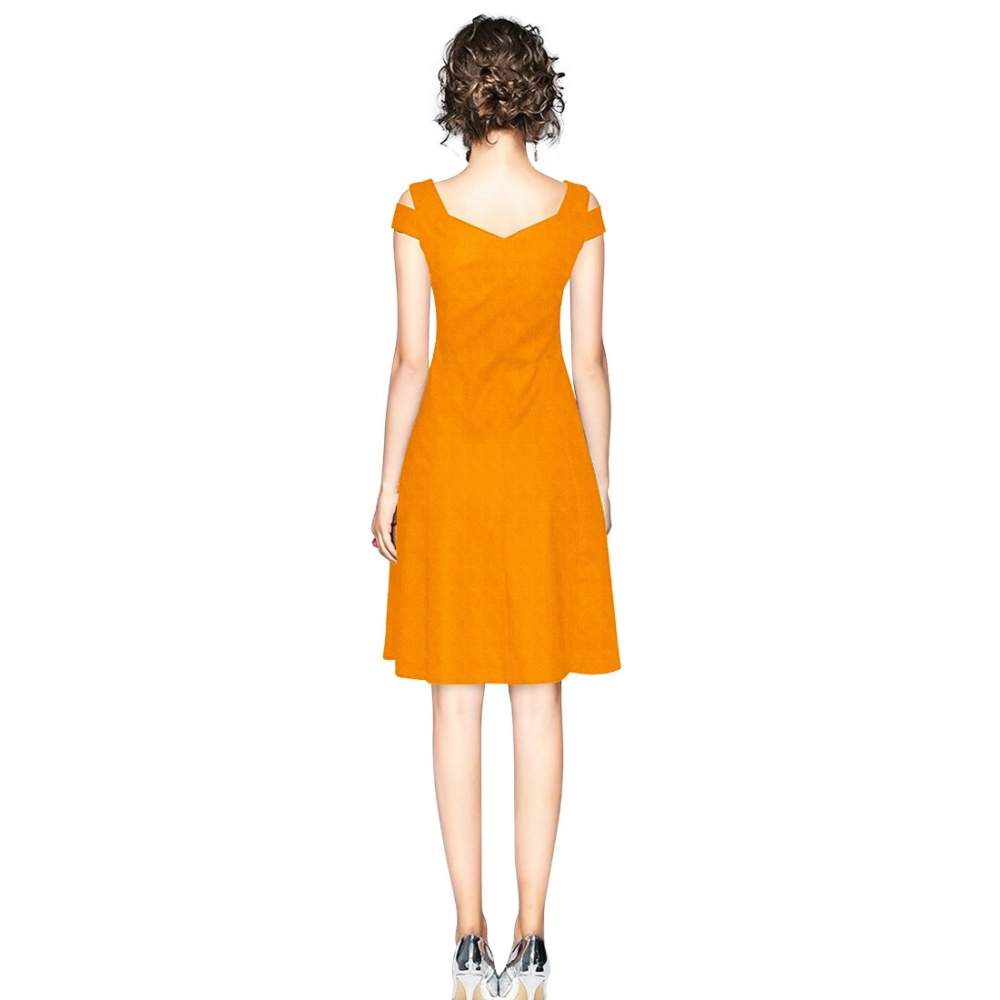 Polyester Solid V Neck Cap Sleeve off Shoulder Dress (Yellow) - Image 5