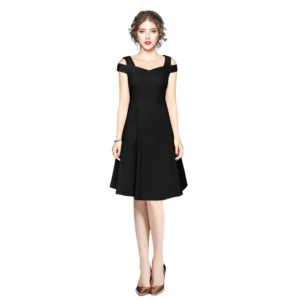 Polyester Solid V Neck Cap Sleeve off Shoulder Dress (Black)