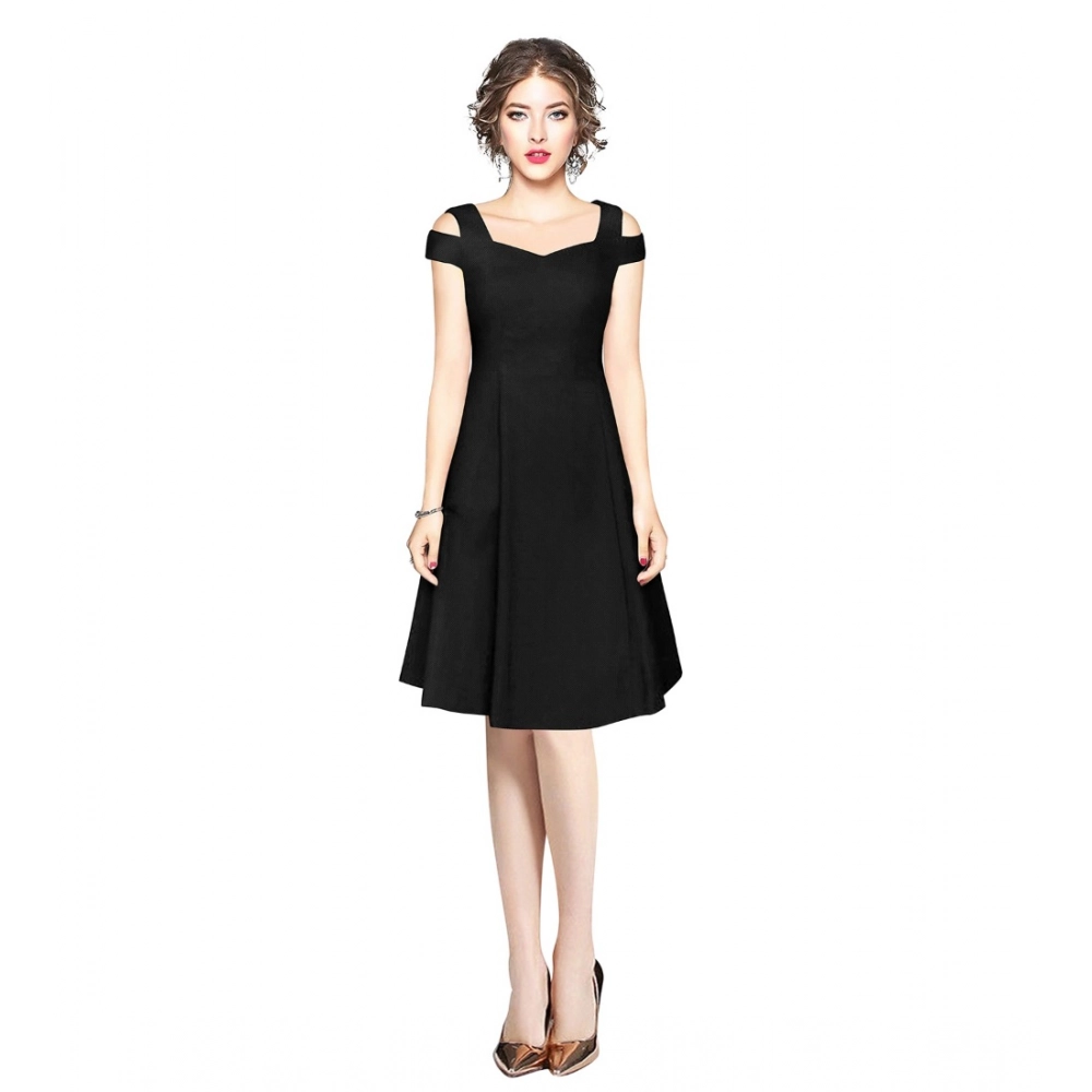 Polyester Solid V Neck Cap Sleeve off Shoulder Dress (Black)