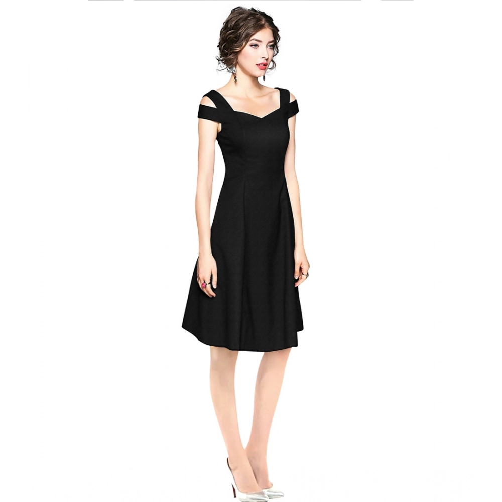 Polyester Solid V Neck Cap Sleeve off Shoulder Dress (Black) - Image 4