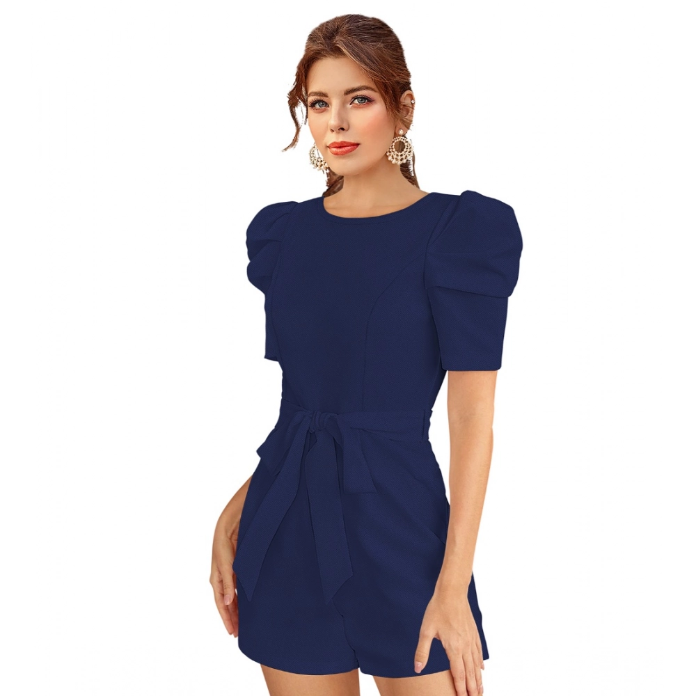 Knitting stretchable Solid Round Neck 3-4 Puff Sleeve Dress (Blue) - Image 2