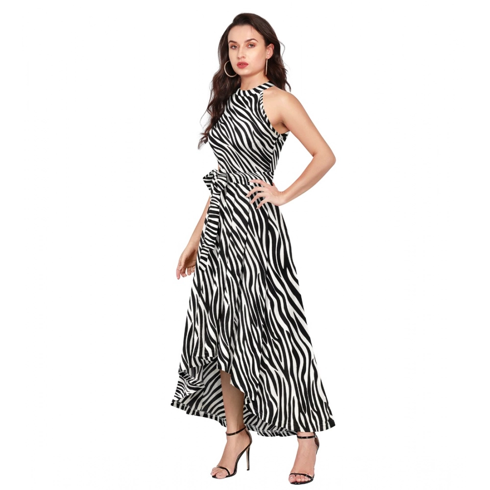 Polyester Zebra Pattern Halter Neck Sleeveless Dress (White) - Image 4